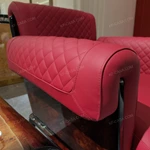 Cream & Red Leather Sofa Set with Diamond Quilted Craftsmanship, Natural Burl Wood Veneer & Gold Stainless Steel Trim